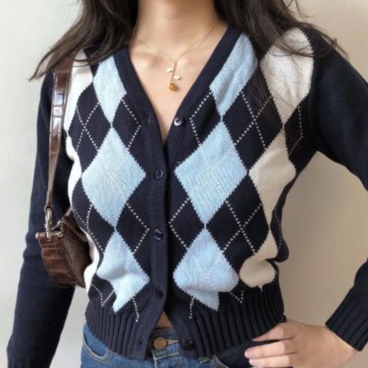 NINI Cardigan Crop Vest Rompi Argyle V Neck Motif Sweater Kotak Rajut Wanita Korea