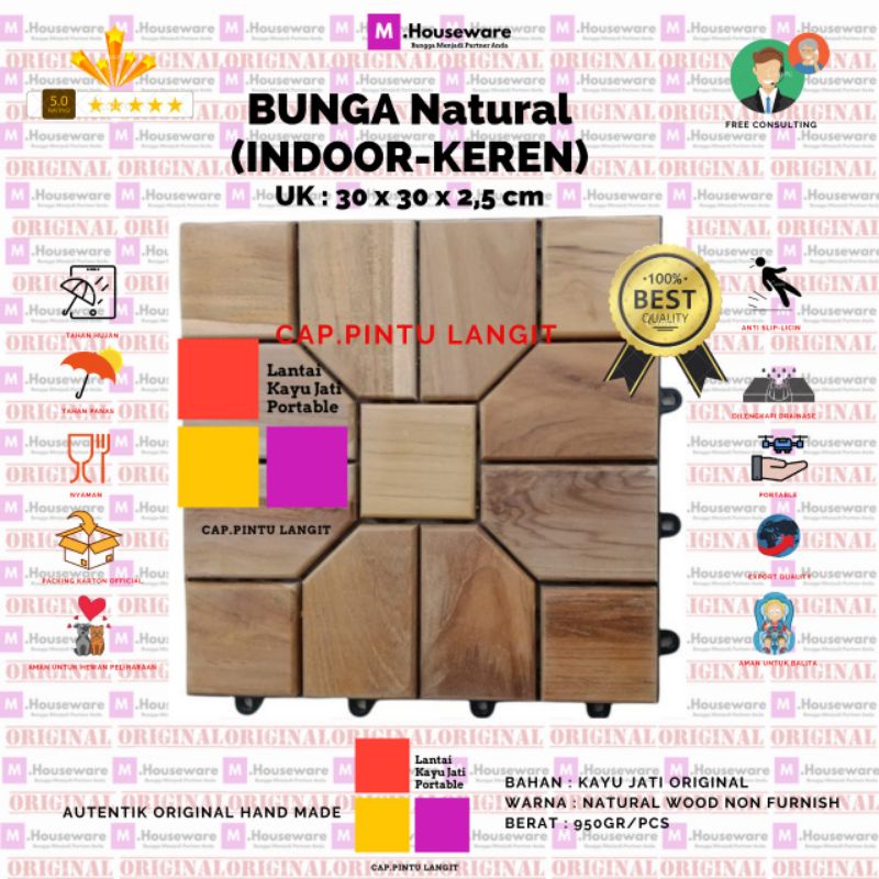 Lantai Kayu Jati Bongkar Pasang Motif Bunga UK 30x30cm / decking tile portable