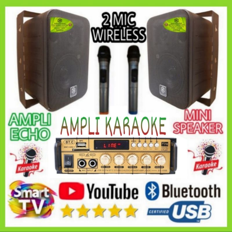 Paket Mini Karaoke Di Smart Tv Speaker 4 Inch Ampli 2 Mic Wireless- 3R