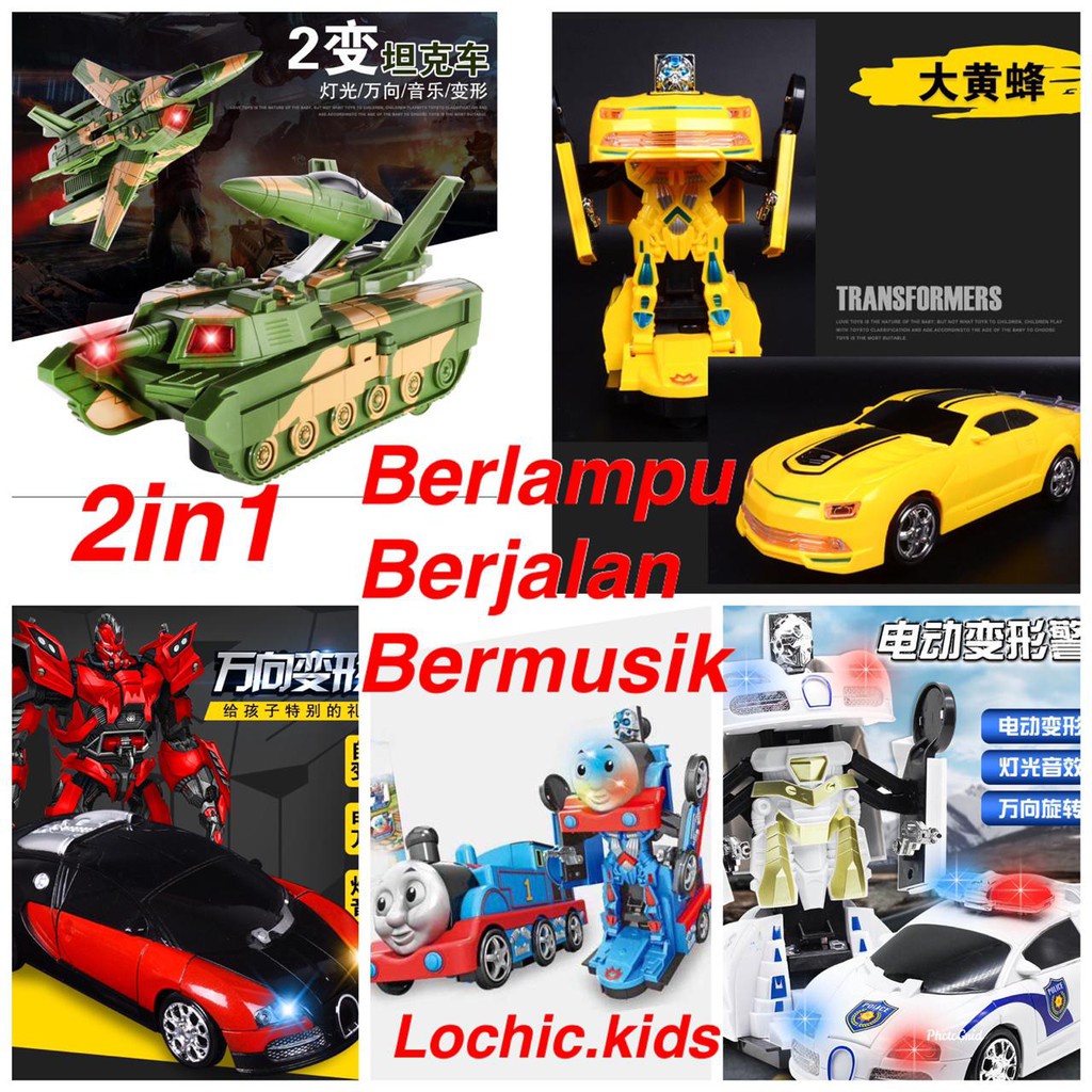 (LOLI-JKT)) Mainan Mobil Robot Berubah Musik Lampu MOBILPOLISI PUTIH TANK HIJAU THOMAS BIRU TRANSFORMER KUNING TRANSFORMER MERAH