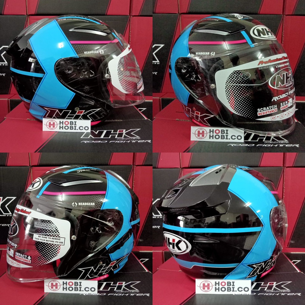 HELM NHK R1 MOTIF NAPOLEON BLACK LIGHT BLUE DOUBLE VISOR HALF FACE