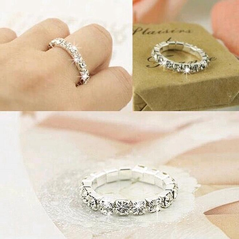 Korean Bright Silver Plated Elastic Rings Shining Crystal Rhinestone for Women Jewelry