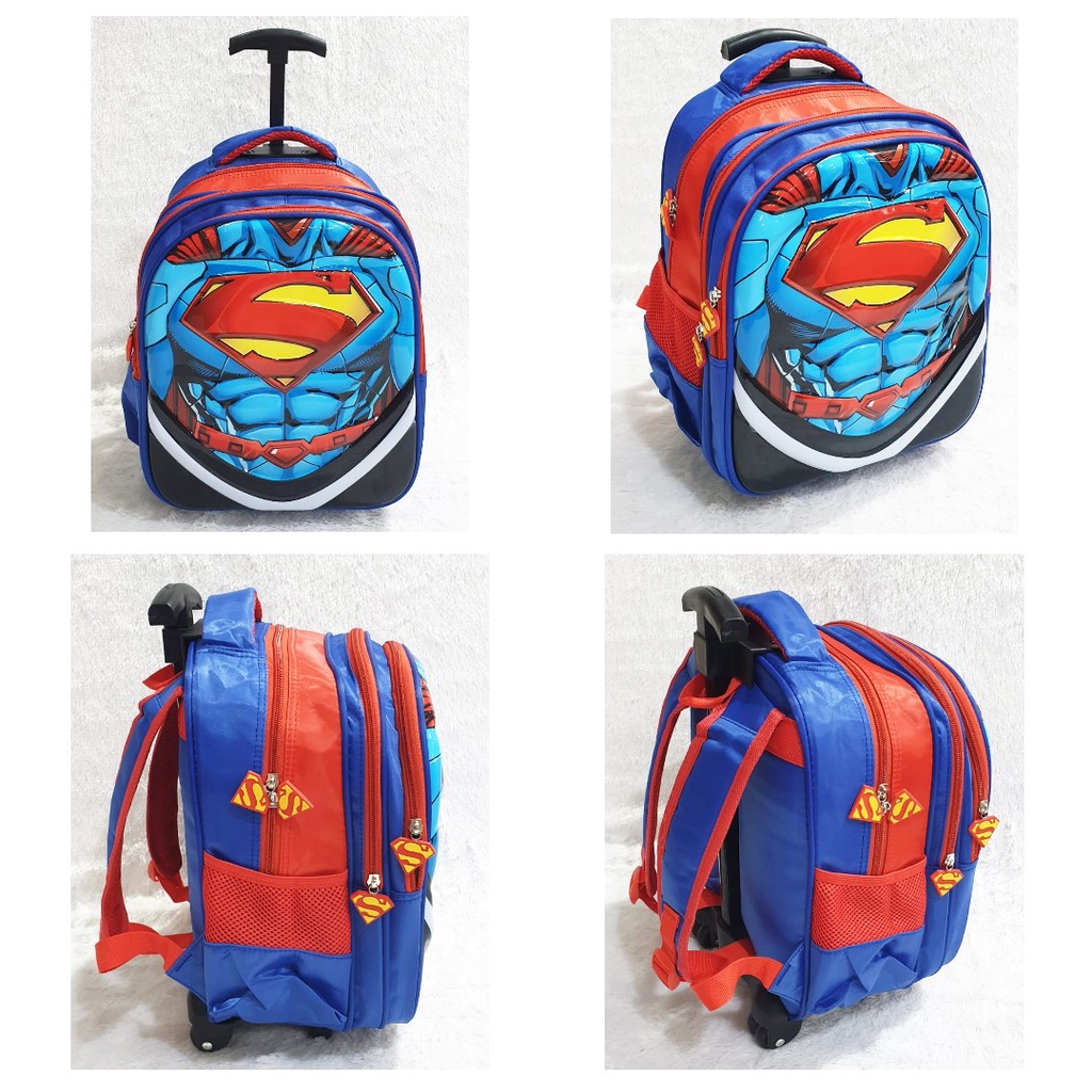 Tas Dorong Troli Anak TK Cowok Karakter SUPERMAN - Gambar TIMBUL GLOSSY 3 Kantung IMPORT