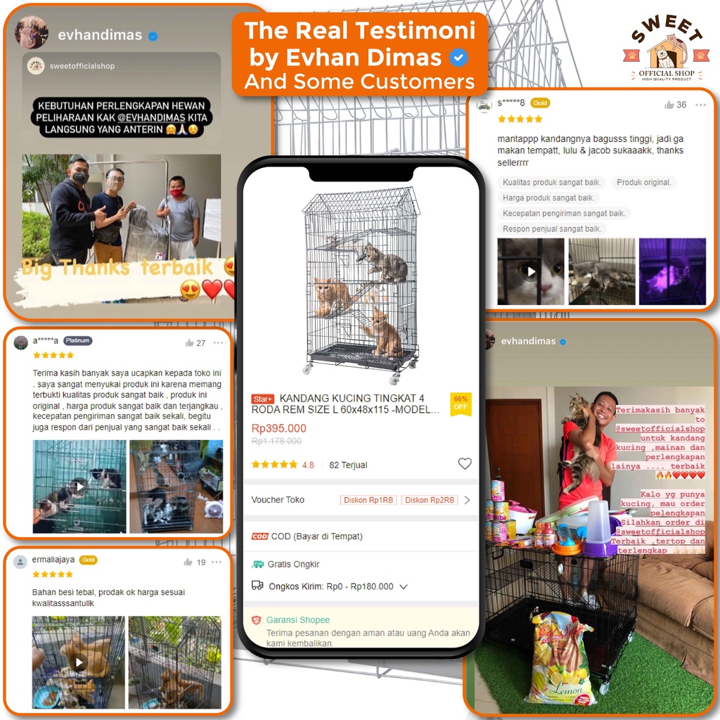 KANDANG KUCING TINGKAT 4 RODA REM SIZE L 60x48x115 -MODEL ATAP RUMAH -SUPER TEBAL IMPORT HIGHQUALITY-3