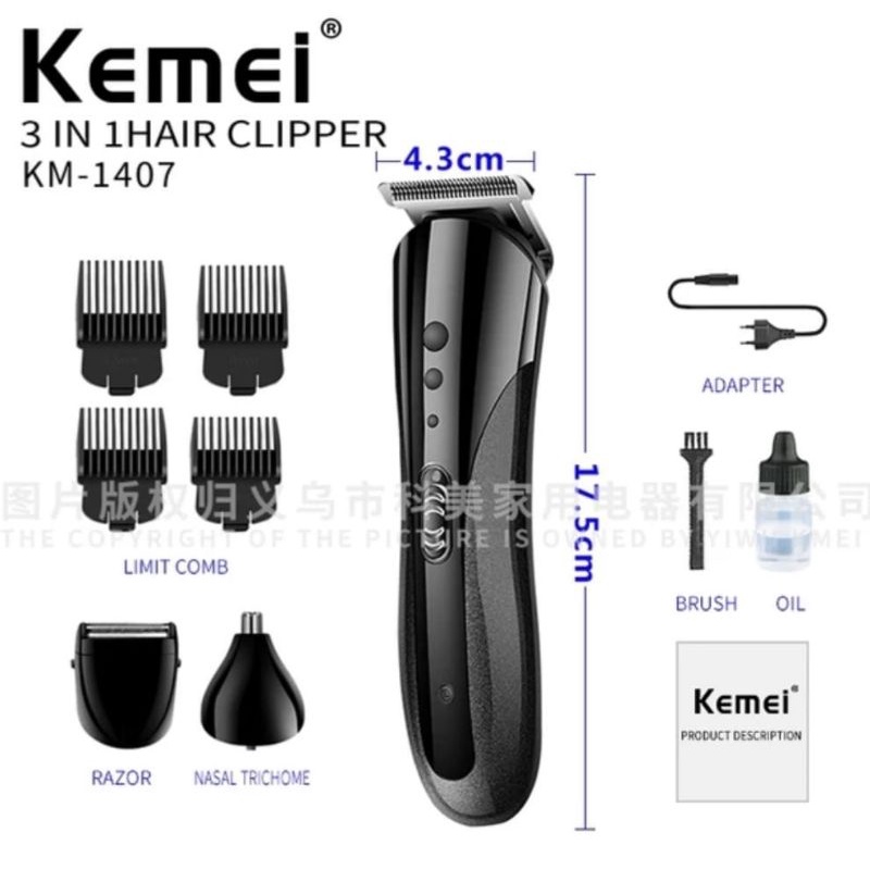 Alat Cukur Rambut Bulu Hidung Kumis Elektrik/3in1 Hair Clipper KM 1407 Shaver