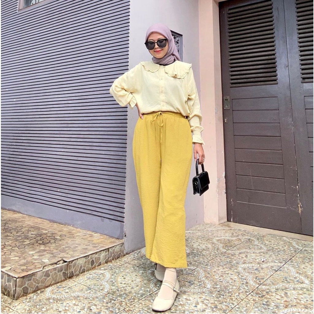 Celana Kulot Wanita Basic Crinkle Airflow Pinggang Full Karet Polos Highwaist Pinggang Full Karet OOTD Kekinian Remaja Dewasa 2022