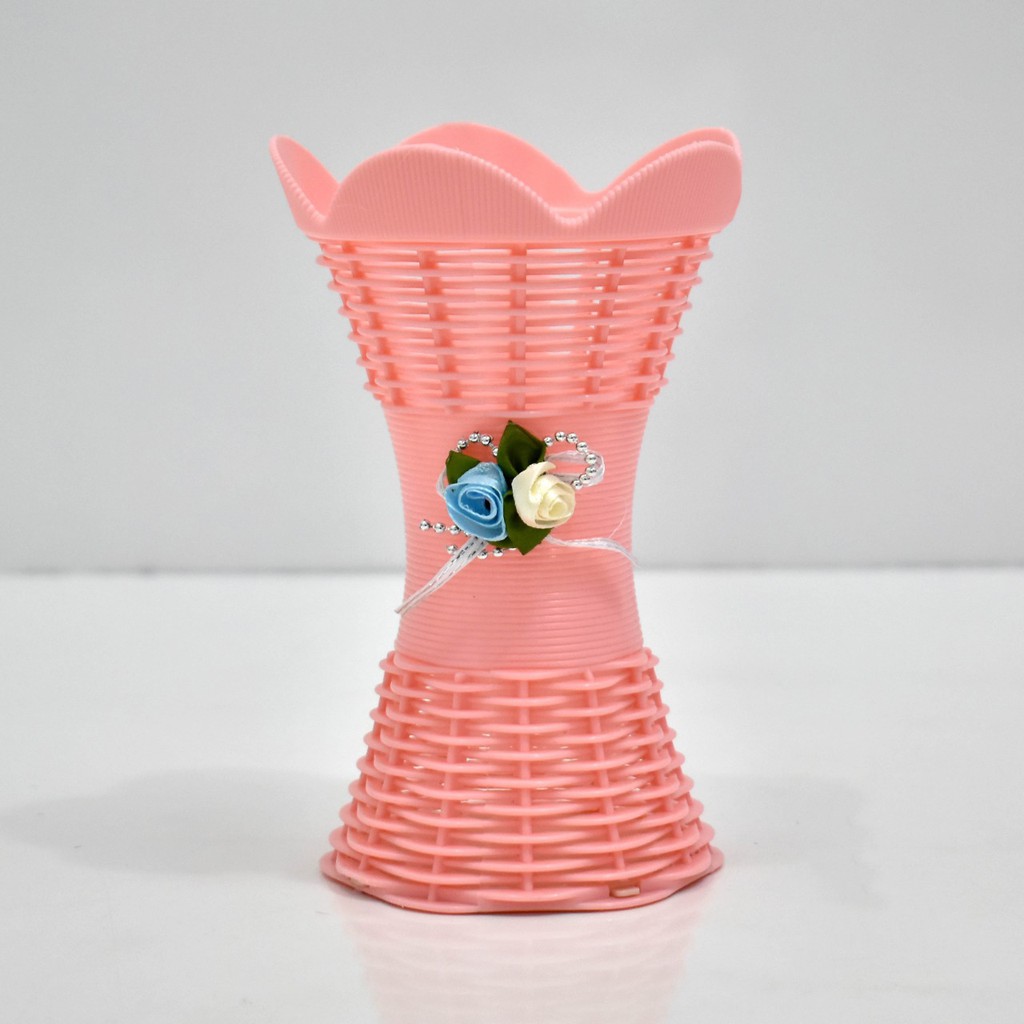 COD POT BUNGA PLASTIK VAS BUNGA PLASTIK POT BUNGA ROTTAN POT BUNGA HIASAN MEJA VAS  ROTTAN PB5013-PEACH