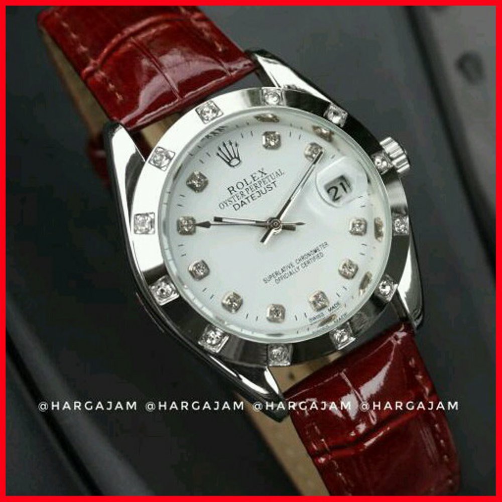 Jam Tangan Wanita Automatic Rolex R1003 Oyster Perpetual Kulit Maroon Plat Putih (hargajam harga j