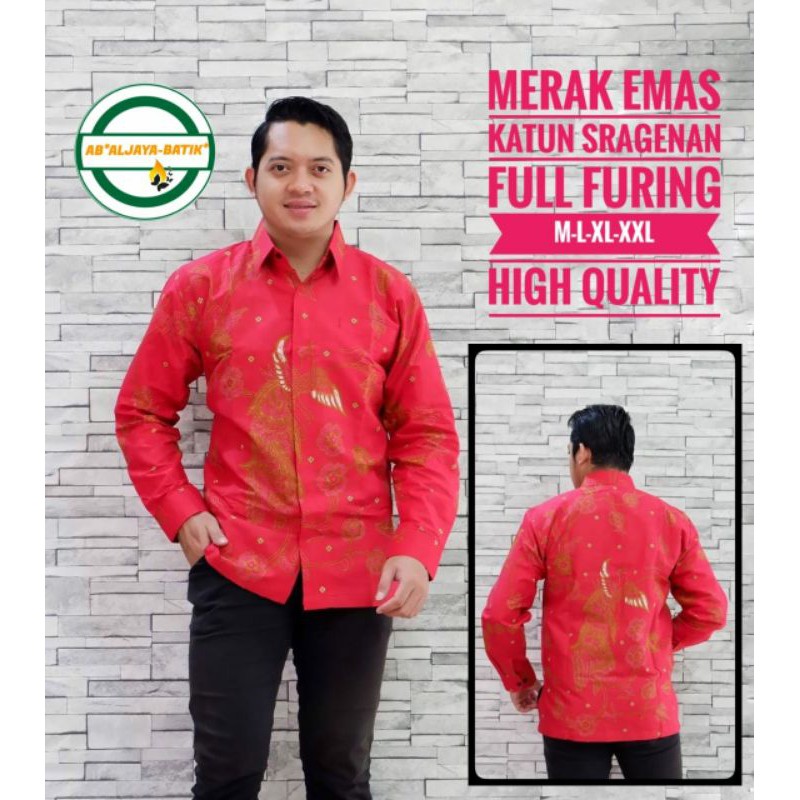 Kemeja Batik Pria Warna Merah Terbaru Batik Exclusive Pria Warna Merah Lengan Panjang METAK EMAS