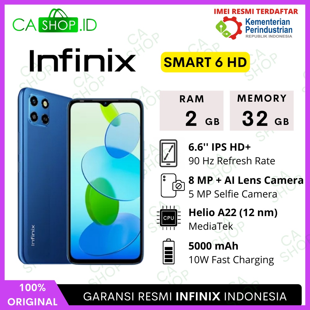Infinix Smart 6 HD - 2GB 32GB (2/32) - 5000mAh AI Camera Garansi Resmi-Origin Blue