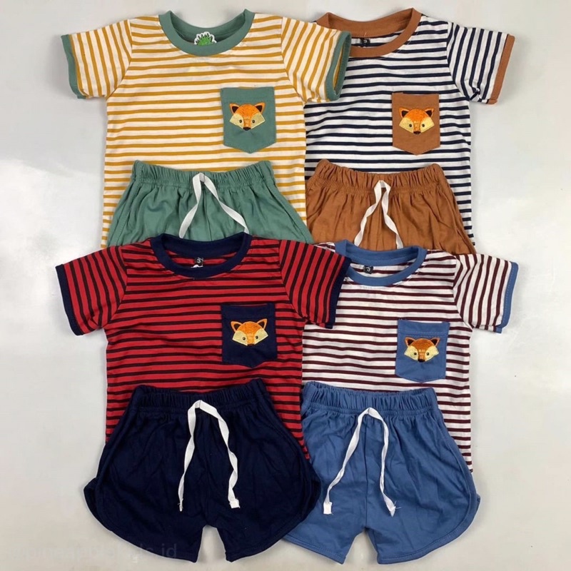 Setelan Anak Stripes Pocket Bordir Unisex 2-10 Tahun Original Kaos Super Premium Pakaian Anak Terlaris Termurah Best Seller