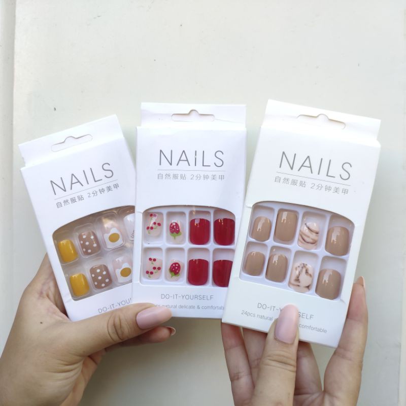 24 Pcs Kuku Palsu Dan Lem Fake Nail Art 3d Kuku Palsu Tahan Air Free lem