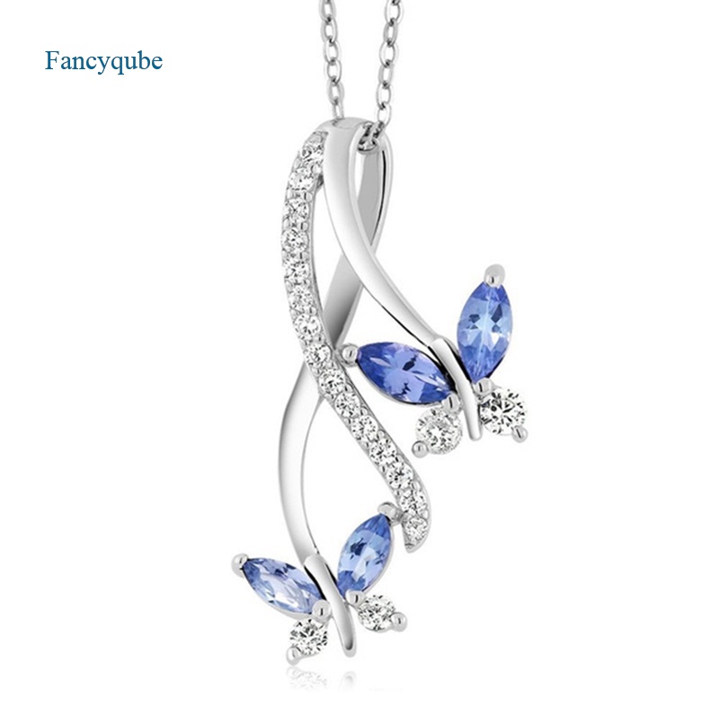 Fancyqube Kalung Rantai Silver 925 Liontin Kupu-Kupu Batu Permata Biru Tanzanite Ukuran 18 Inci