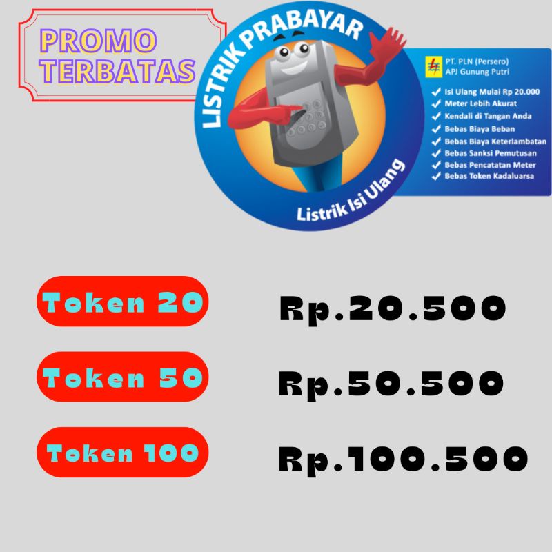 Promo Spesial token pln 20 50 100 Voucher listrik token listrik