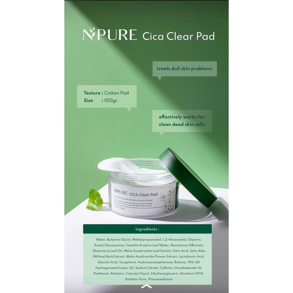 NPURE Cica Clear Pad - Kapas Perawatan Pembersih Pelembab Pencerah Eksfoliasi Sel Kulit Mati Wajah