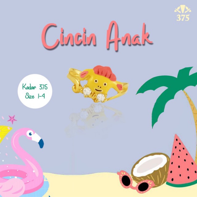 Cincin anak perempuan motif pompuri sanrio emas asli kadar 375
