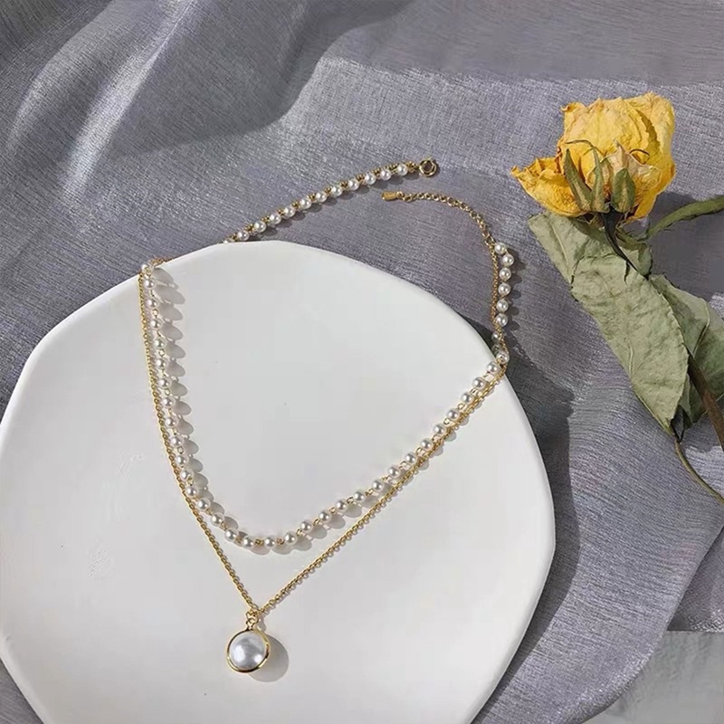 Kalung Choker Rantai Liontin Mutiara Lapisan Ganda Untuk Wanita