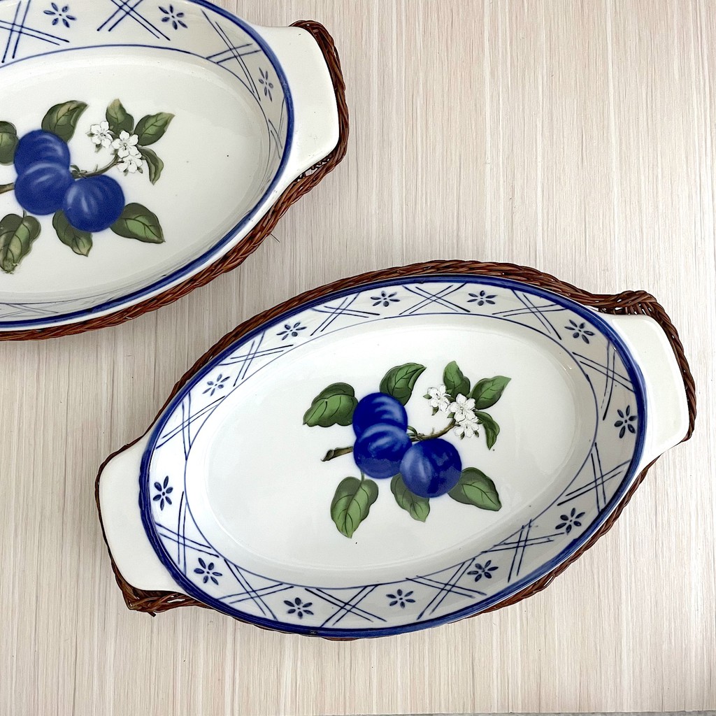 [SALE] Piring Saji Keramik Rotan Blueberry Putih/Biru isi 1pc