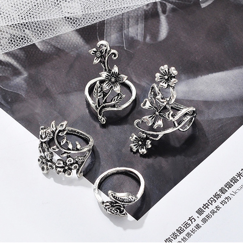 4pcs / Set Cincin Silver Antik Desain Daun Bunga Rambat Untuk Wanita