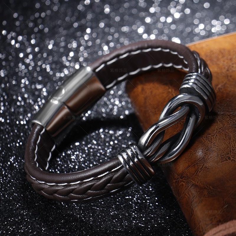 Gelang Bahan Kulit Dan Stainless Steel Ukuran 21CM Gaya Vintage Untuk Pria