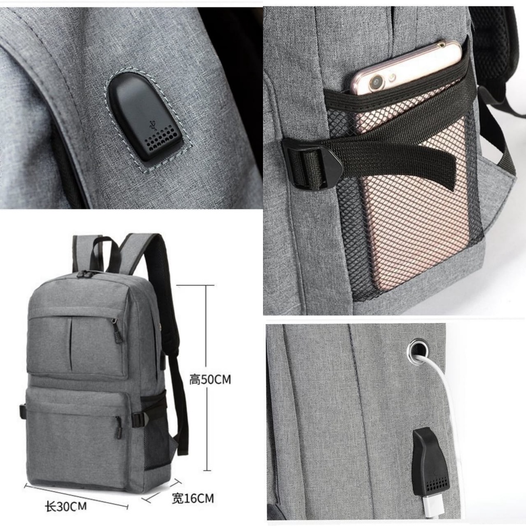 TAS RANSEL PRIA BACKPACK USB CHARGER KANVAS GREY ACANTHO TA417G3 ORI IMPORT GENDONG PUNGGUNG SEKOLAH