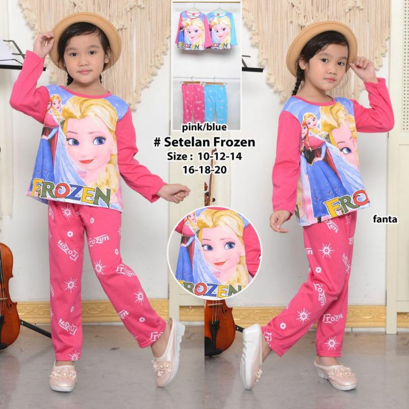 Piyama Panjang Anak Perempuan Kartun Frozen Baju Tidur Panjang Bahan Kaos Motif Printing 2-10 Tahun