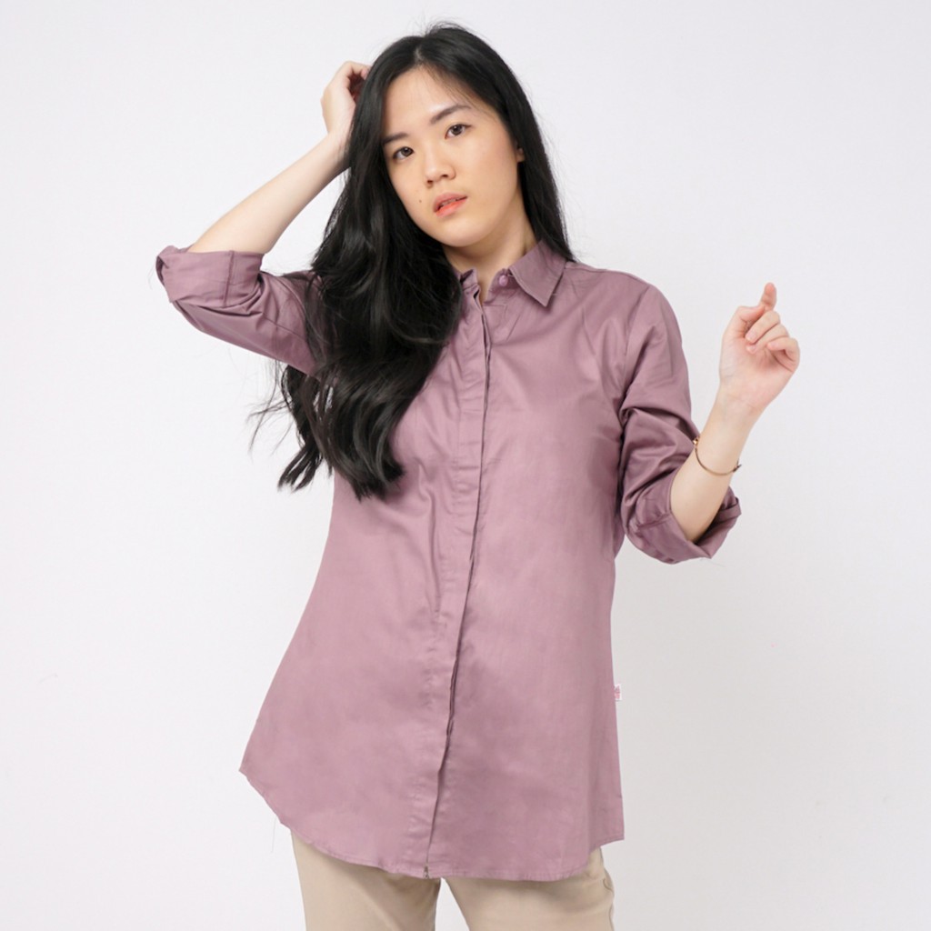 Kemeja Wanita Polos Lengan Panjang Slimfit - Ungu Lavender - Aura Catalogue Slimfit Plain Shirt-2