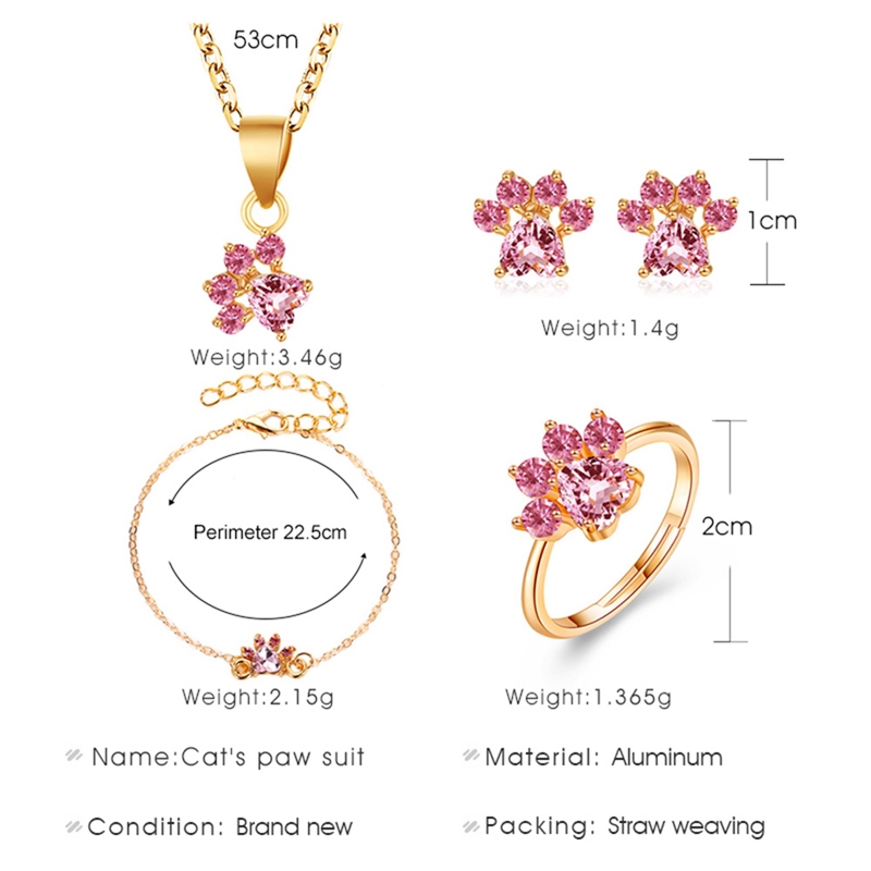 Set Perhiasan Kalung+Gelang Tangan+AntingTusuk+Cincin Telapak Kaki Kucing/Beruang Warna Rose Gold