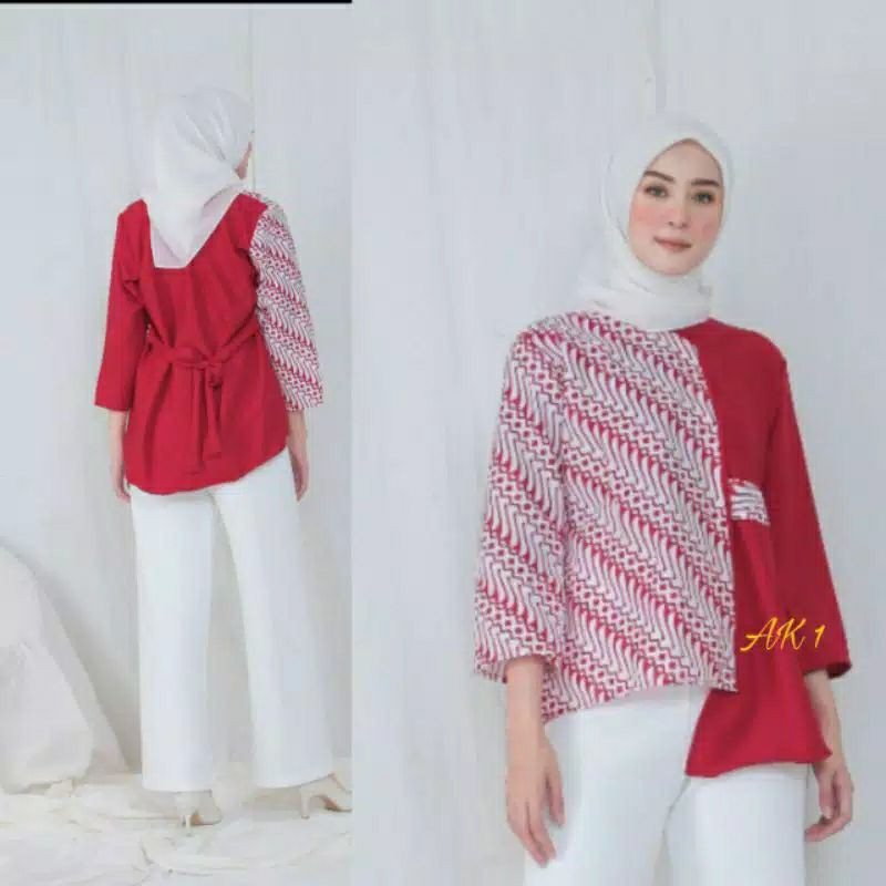 tey-17 Batik wanita ASJ SA HRB026 Kenongo Kemeja Tosca Pendek-merah seno ahw