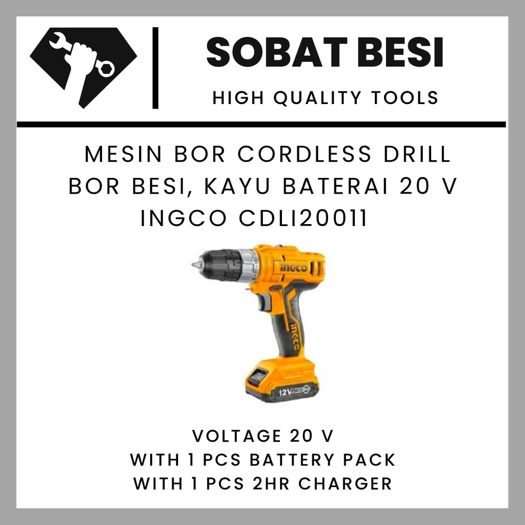 MESIN BOR CORDLESS DRILL BOR BESI, KAYU BATERAI 20V INGCO CDLI20011
