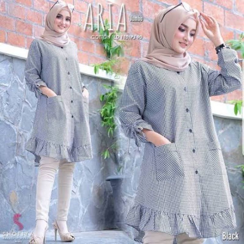 [Bisa COD] Baju Atasan Muslim Wanita Tunik Aria Terbaru Disanin Kekinian [Katun Kotak] Untuk Kasual