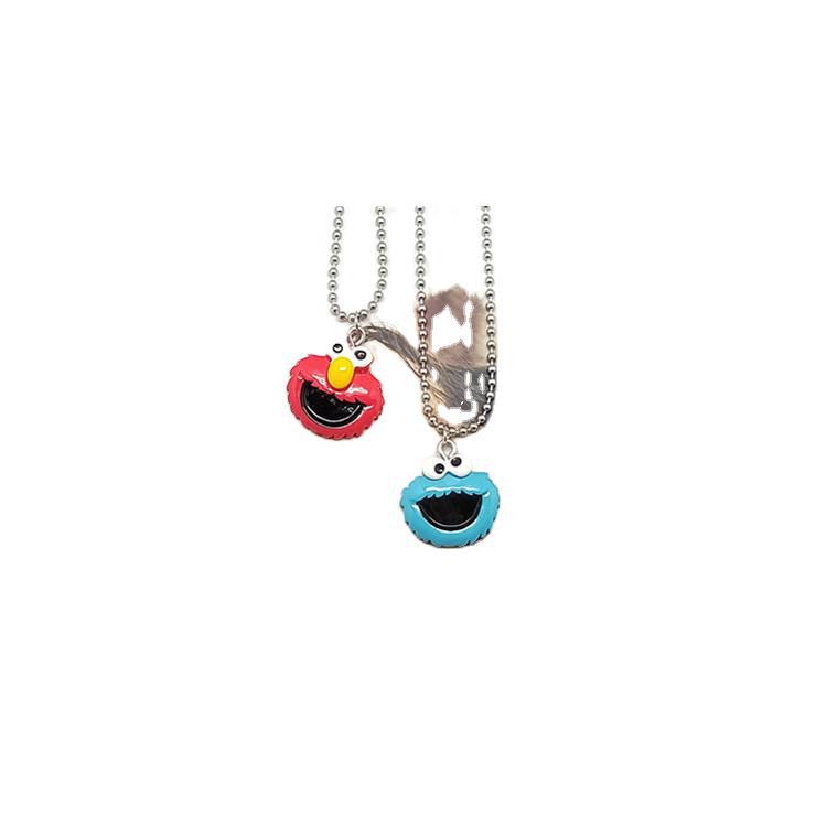 Retro kartun anak imut disco pasangan kalung Merah Biru Sesame Street lucu liontin sweater rantai ka