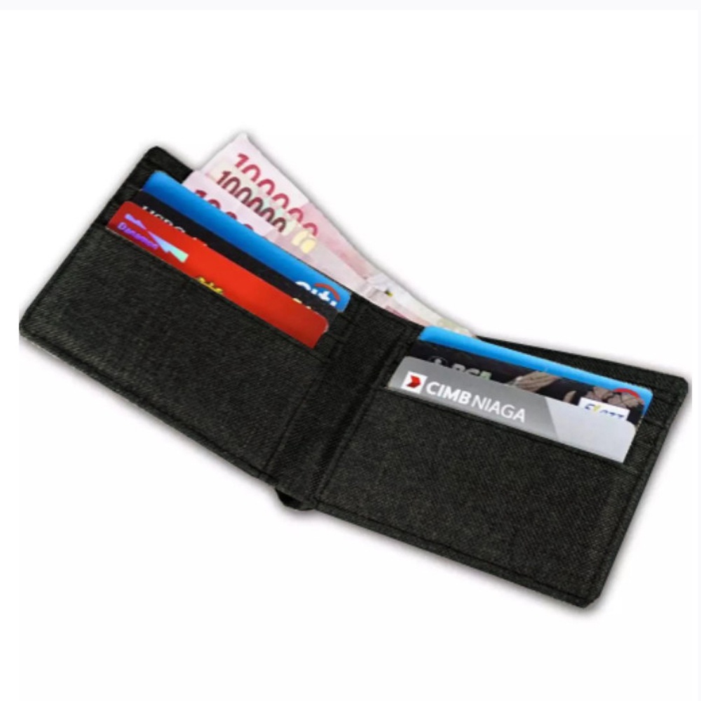 SHOPEE 6.6 SUPER SALE!! Dompet Kanvas Pendek Lipat Dua JP80 Men Wallet Canvas Premium Simple Black + Bonus Box