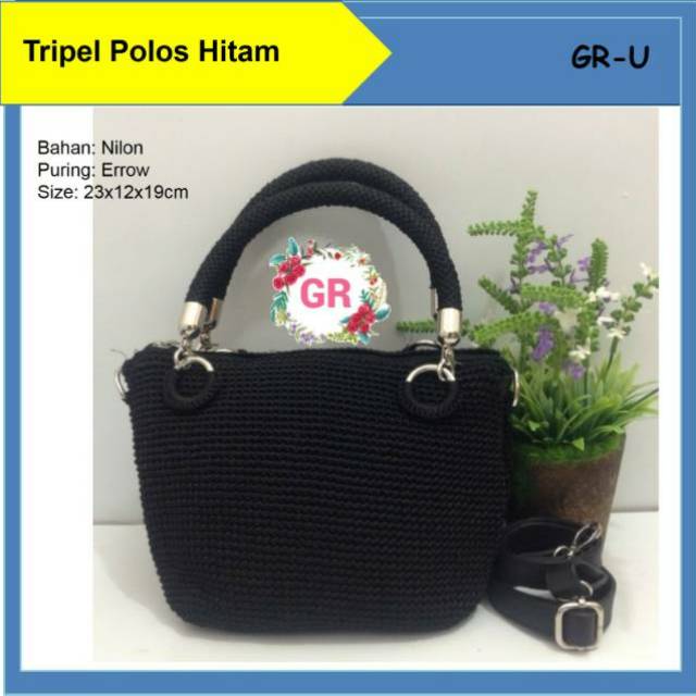 Tas Rajut Wanita Triple Pesta Polos Hitam Handbag Jinjing Tali Ulir Selempang Fashion Murah
