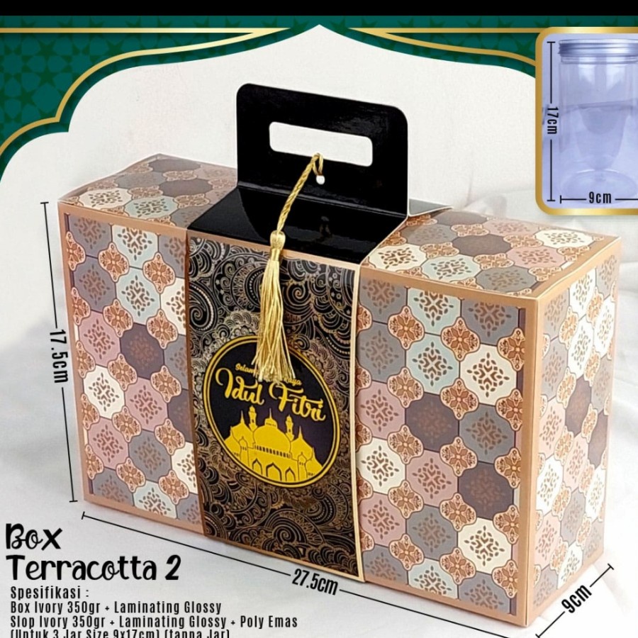 

Kotak Kardus Box Lebaran Idul Fitri Cookies Muat 3 toples Jar 1000ml 5pcs