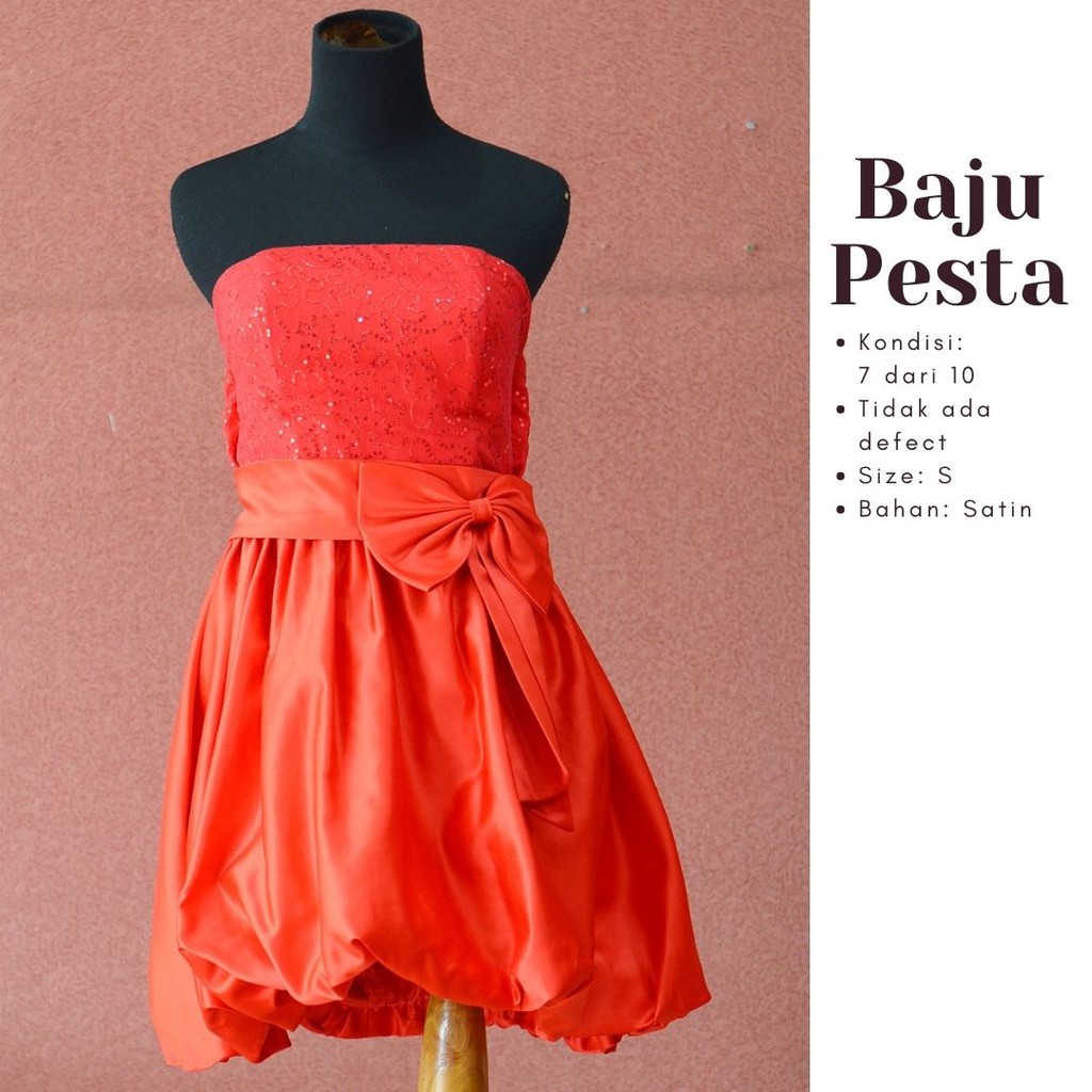 Mini Dress Pesta Prom Merah Bahan Satin dengan Pita