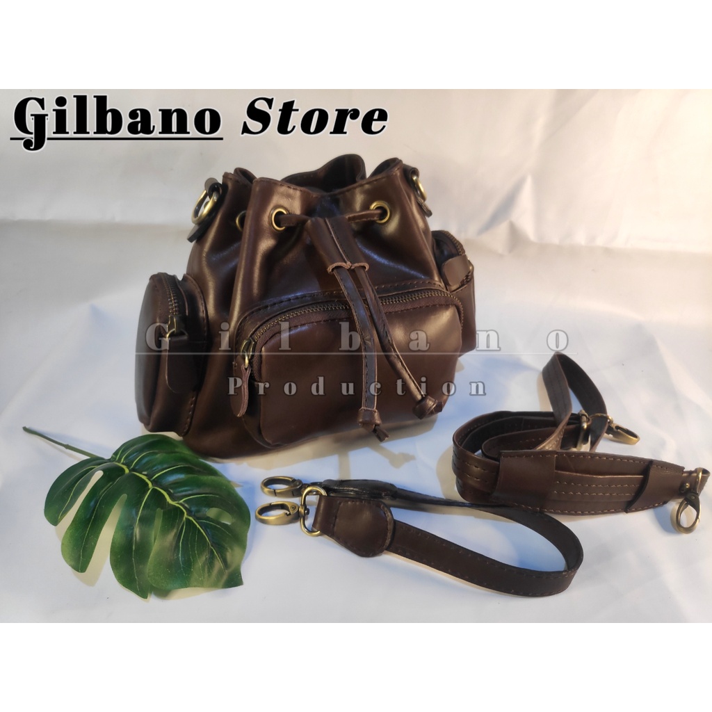 (Size S) Tas Kulit Wanita Tas Selempang Tas Serut Kulit Sapi Asli Garut Bahan Kulit Pull Up