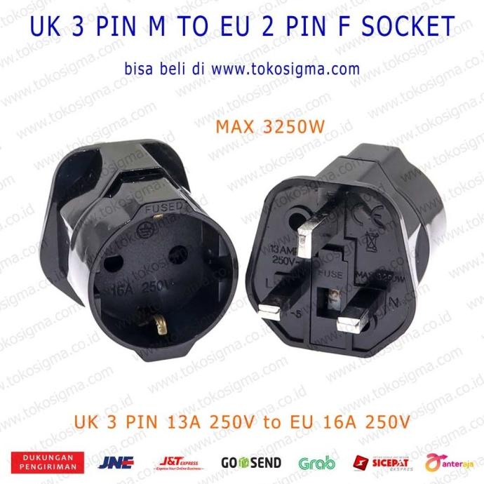 READY COD COLOKAN OVER STEKER KAKI 3 UK PLUG FUSED TO EU LUBANG KAKI 2 16A 250V - Hitam TERBAIK Kode