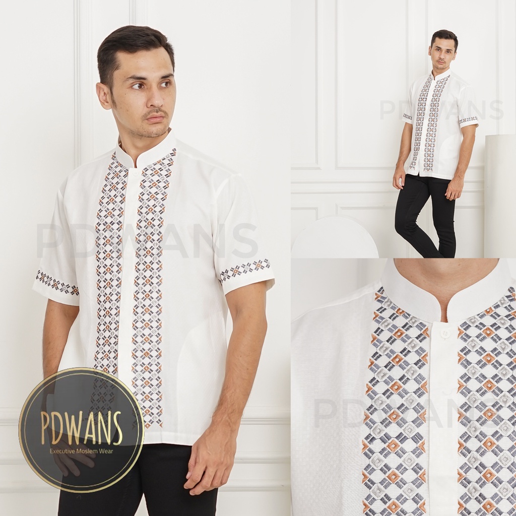 Baju Koko Muslim Lengan Pendek Putih Motif Bordir PDWANS - ALS16