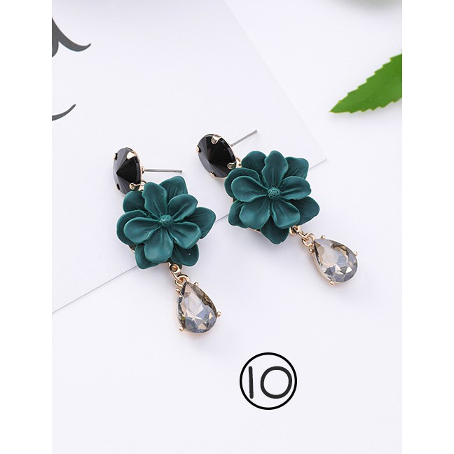 LRC Anting Tusuk Fashion Dark Green Flower Shape Decorated Earrings F07495