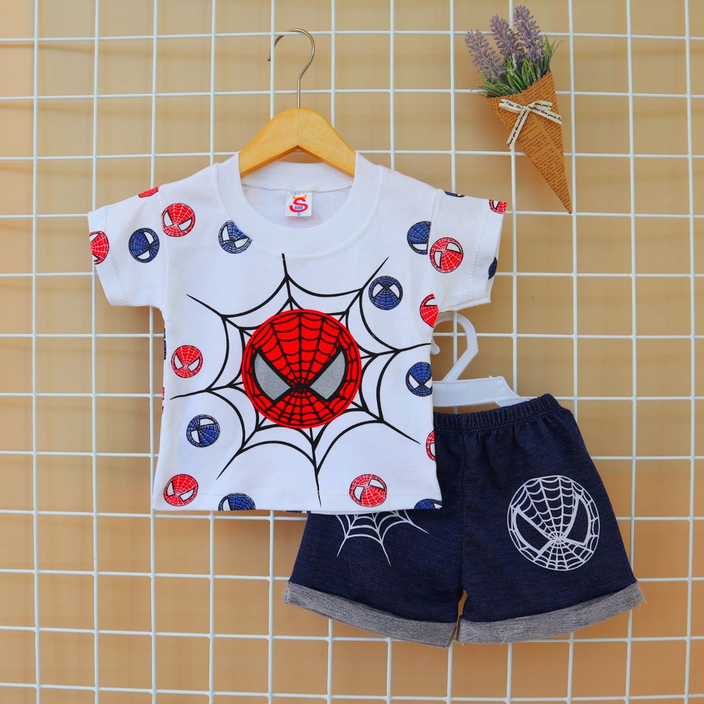 Baju Anak laki laki cowok Usia 3-12 Bulan S886 Motif Kartun Jaring Laba-Laba 02 L setelan dengan celana