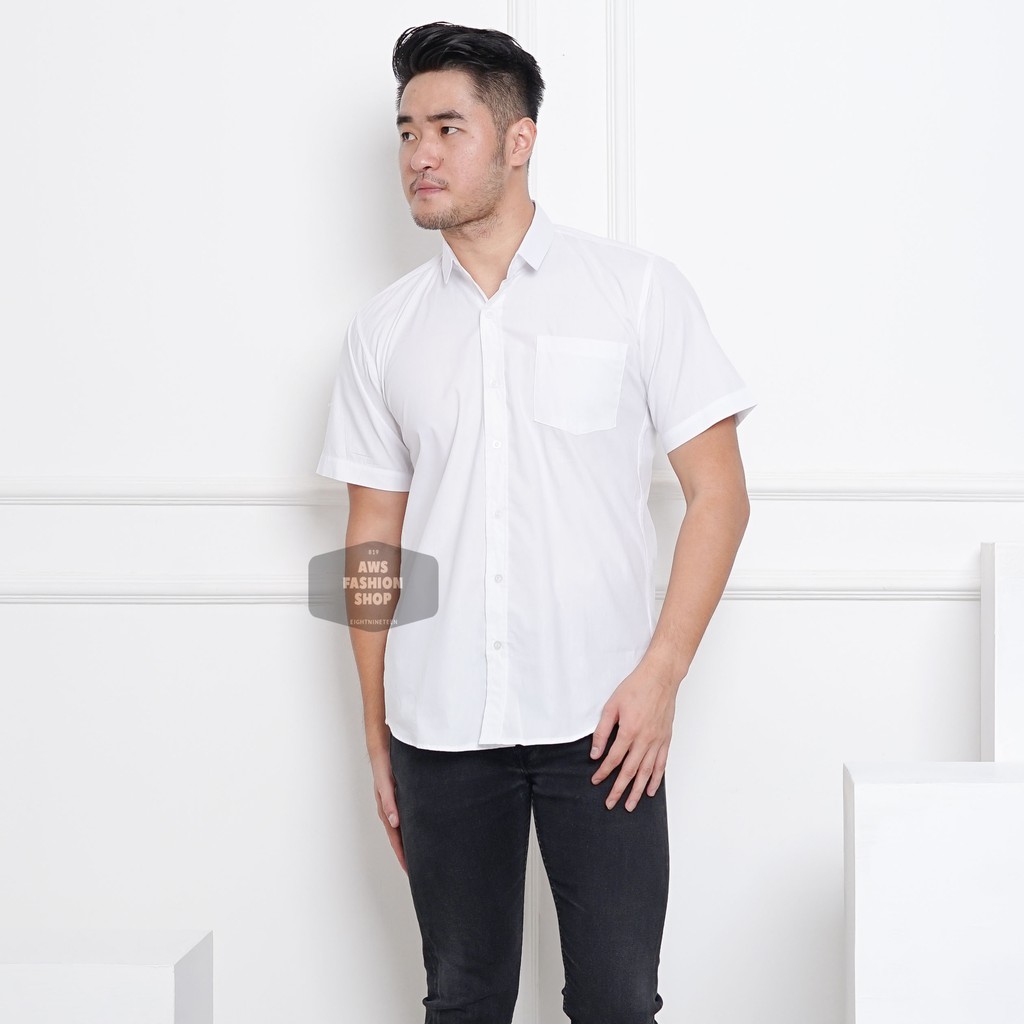 Kemeja Pria Lengan Pendek Putih Polos Full White Pria Cowok Casual Slimfit Kerja 3295