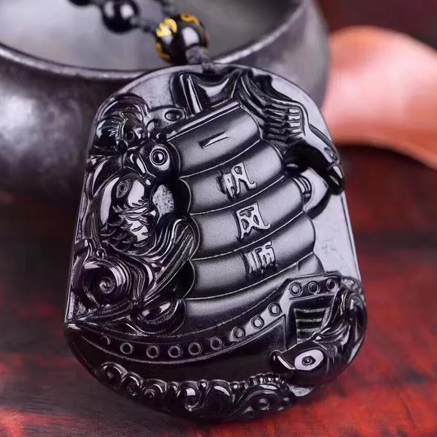 Kalung Amulet Keberuntungan Perahu Layar Batu Black Obsidion