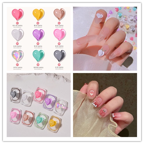 10 Pcs Perhiasan Dekorasi Nail Art 3D Bentuk Hati Bahan Resin Untuk Wanita