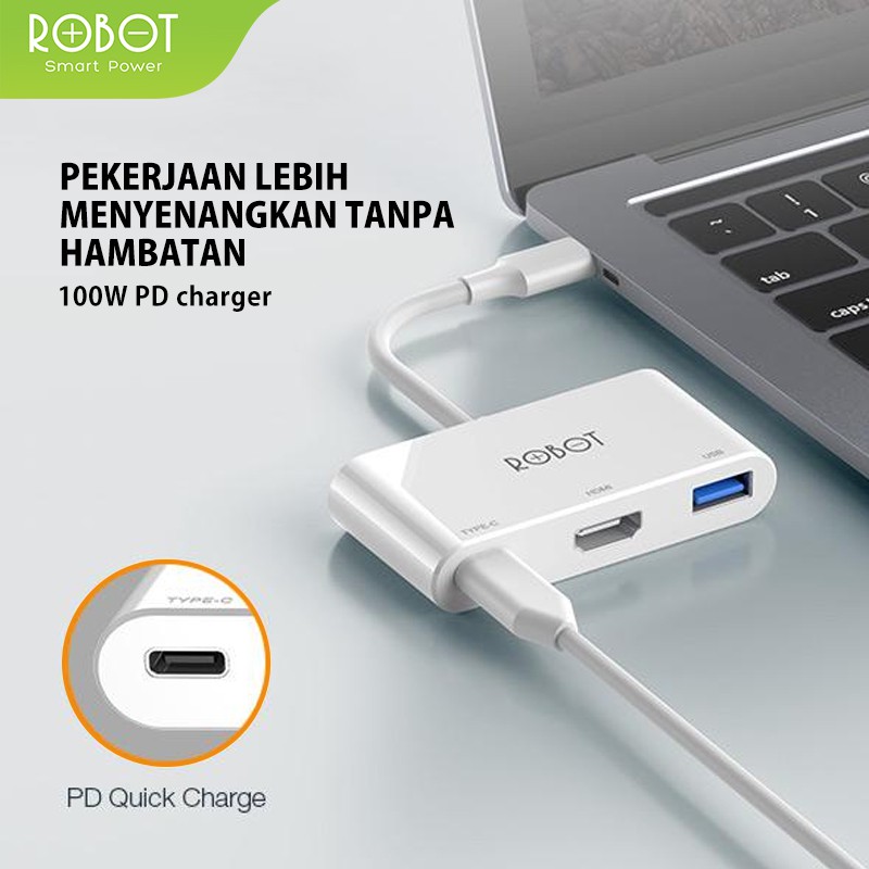 ROBOT HT430 3 in 1 USB C HUB Adapter, With HDMI 4K, PD 100W, USB3.0 White - ORIGINAL Garansi 1 Tahun