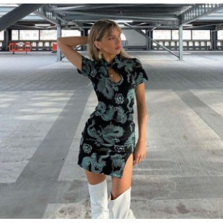 【impor】 Cheongsam modern motif naga rok belahan pinggul wanita