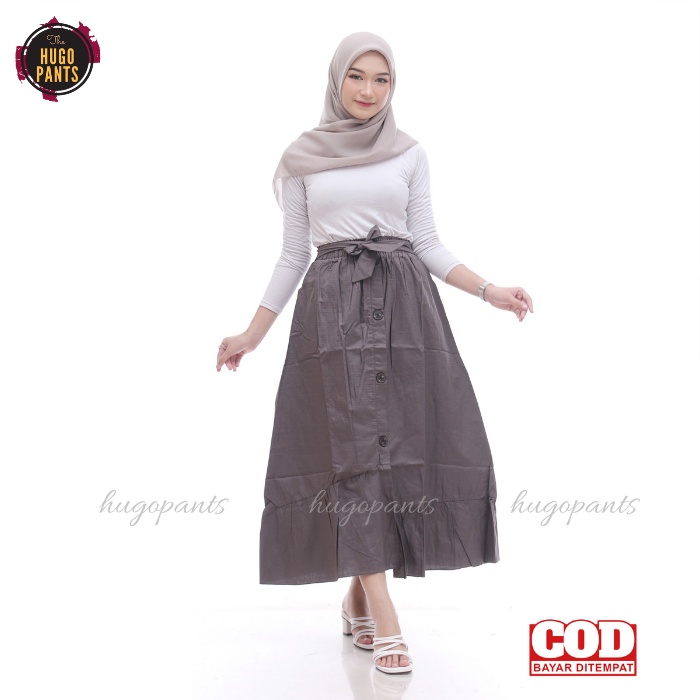 Rok Panjang Katun Rempel Kancing Depan Wanita Korean Style