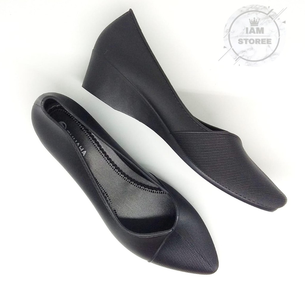 fuhaha Sepatu karet wedges kerja wanita tinggi hak 4cm warna hitam
