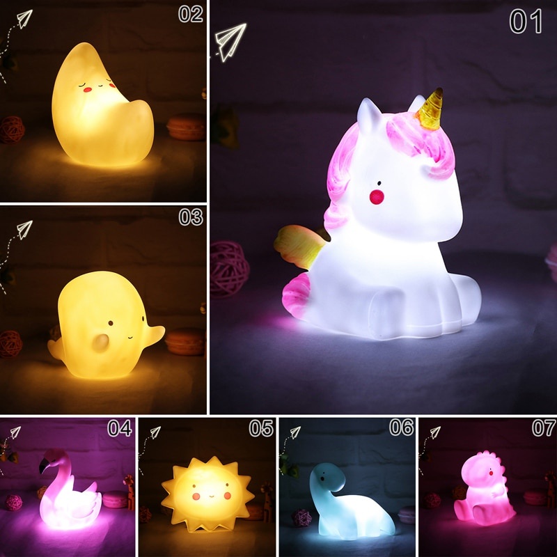 Lampu tidur bayi bentuk boneka kuda baby unicorn cantik berpendar berpijar bercahaya Lampu Led Tidur Bayi anak Malam Model Pegasus Unicorn Lucu minimalis dekorasi kamar animasi boneka kartun Carton Flamingo Dinosaur Night Lamp Creative Animal Led Night