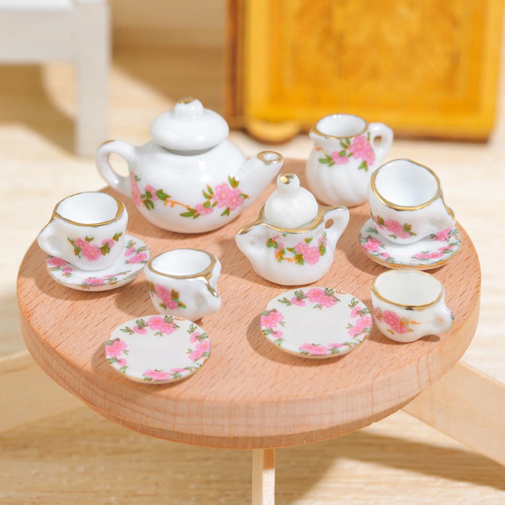Chookyy 11pcs Set Cangkir Teh Porselen Gaya Chic Dengan Lis Emas Dekorasi Rumah Motif Bunga1Per6 1/12 Miniatur
